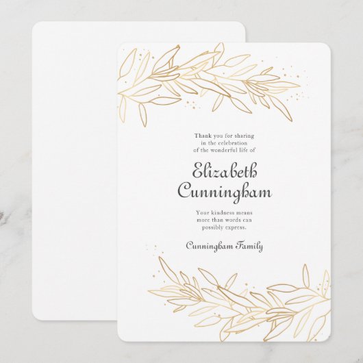 Modern Golden Floral Memorial Bedankkaart (Voorkant / Achterkant)