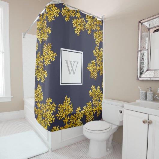 Modern Golden Flower Buds & Dark Grey | Monogram Douchegordijn (In situ)