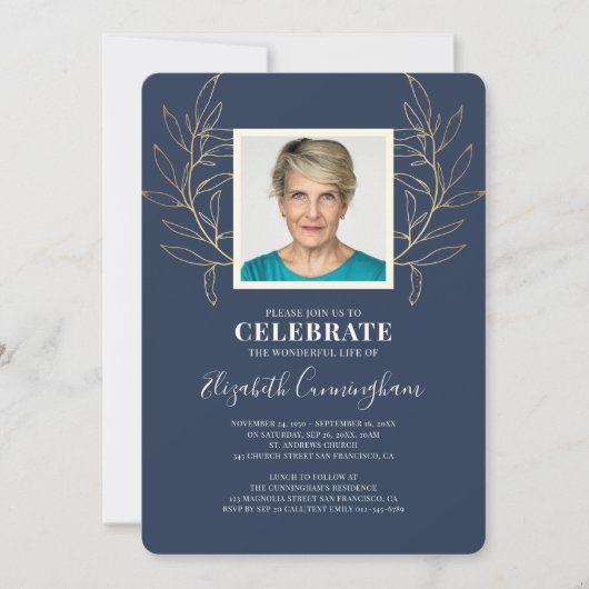 Modern Golden Foliage laat foto Memorial achter Kaart (Voorkant)