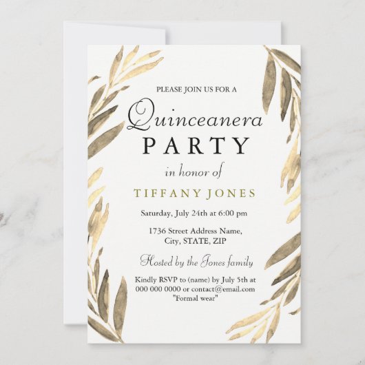 Modern Golden Gold Leaf Quinceanera Party Invite Kaart (Voorkant)