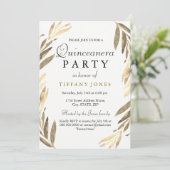 Modern Golden Gold Leaf Quinceanera Party Invite Kaart (Staand voorkant)