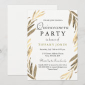 Modern Golden Gold Leaf Quinceanera Party Invite Kaart (Voorkant / Achterkant)