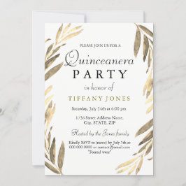 Modern Golden Gold Leaf Quinceanera Party Invite Kaart