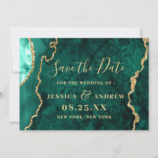 Modern Golden Green Agate Marble Wedding Save The Date (Voorkant)
