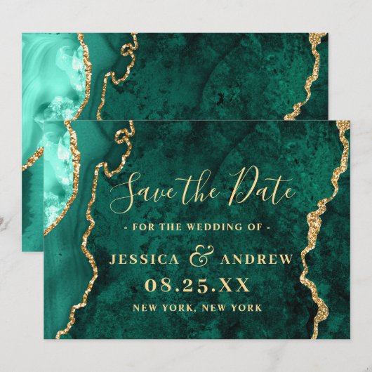 Modern Golden Green Agate Marble Wedding Save The Date (Voorkant / Achterkant)