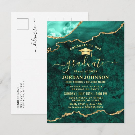 Modern Golden Green Graduation Party Aankondigingskaart (Voorkant / Achterkant)