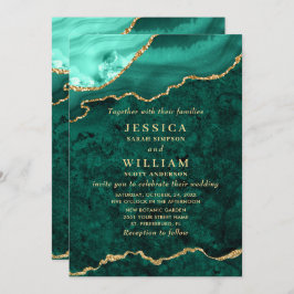 Modern Golden Green Marble Agate Wedding Kaart