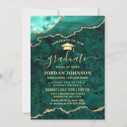 Modern Golden Green Marble Graduation Party Kaart (Voorkant)