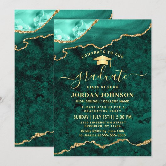 Modern Golden Green Marble Graduation Party Kaart (Voorkant / Achterkant)