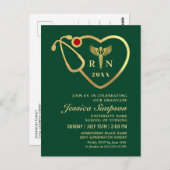 Modern Golden Green Nursing Afstuderen Uitnodiging (Voorkant / Achterkant)