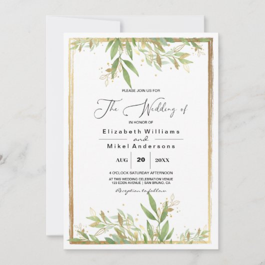 Modern Golden Greenery & Classic Border bruiloft Kaart (Voorkant)