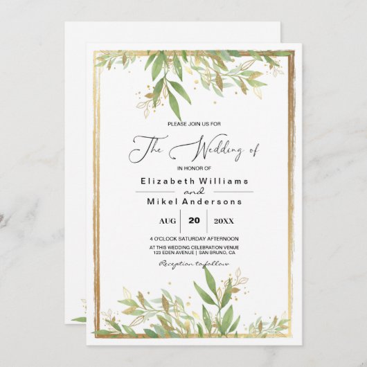 Modern Golden Greenery & Classic Border bruiloft Kaart (Voorkant / Achterkant)