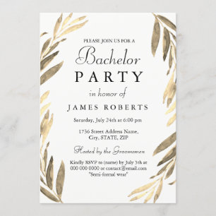 Modern Golden Leaf Bachelor Party Invite Kaart