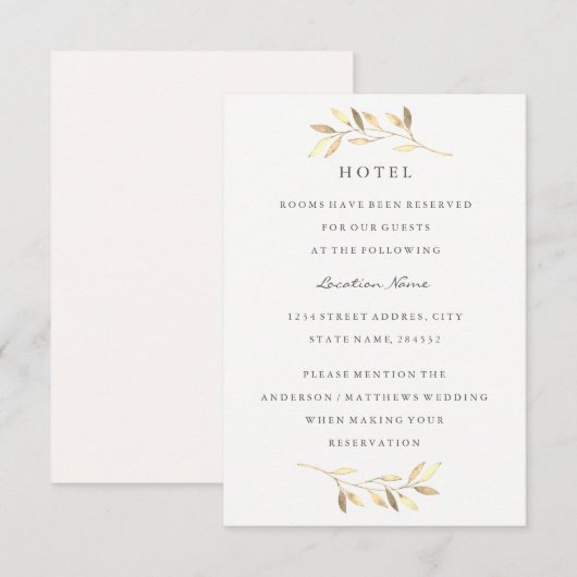 Modern Golden Leaf Wedding Hotel Accommodatie Informatiekaartje (Voorkant / Achterkant)