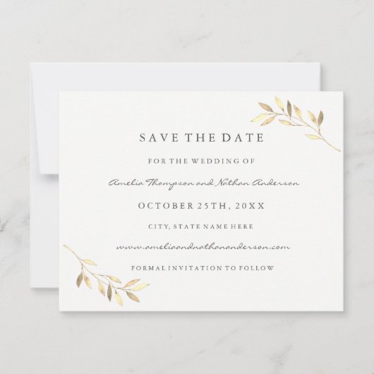 Modern Golden Leaf Wedding Save the Date (Voorkant)