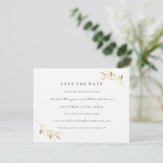Modern Golden Leaf Wedding Save the Date (Staand voorkant)
