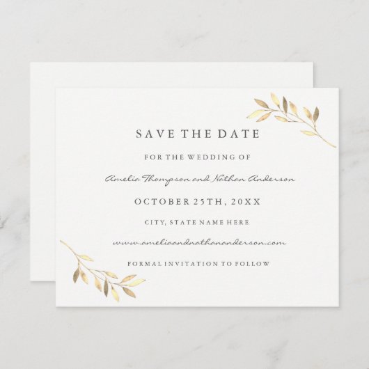 Modern Golden Leaf Wedding Save the Date (Voorkant / Achterkant)