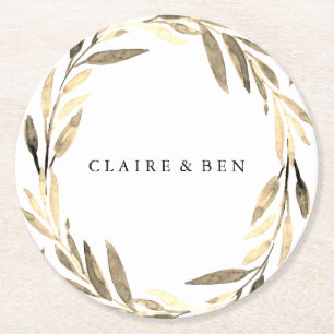 Modern Golden Leaf Wreath Wedding Engagement Party Ronde Kartonnen Onderzetter