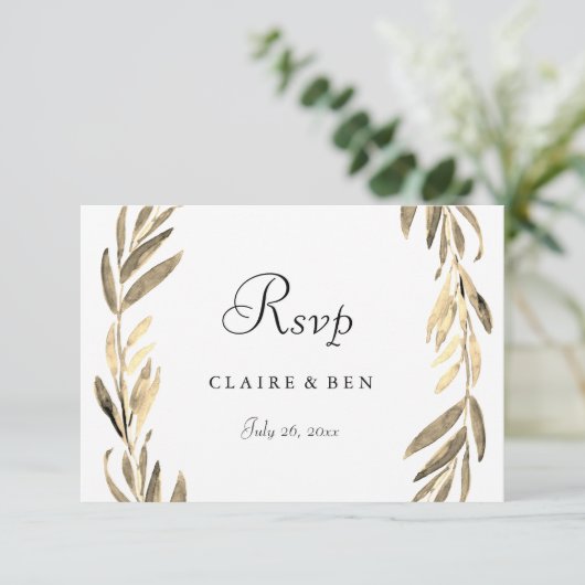 Modern Golden Leaf Wreath Wedding RSVP (Staand voorkant)