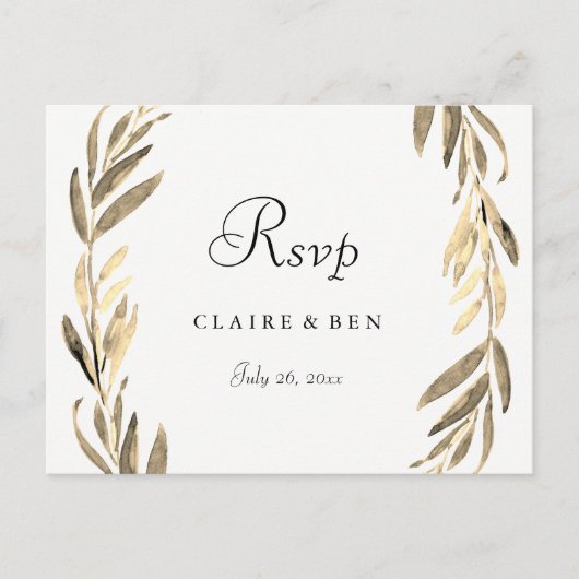 Modern Golden Leaf Wreath Wedding RSVP Briefkaart (Voorkant)