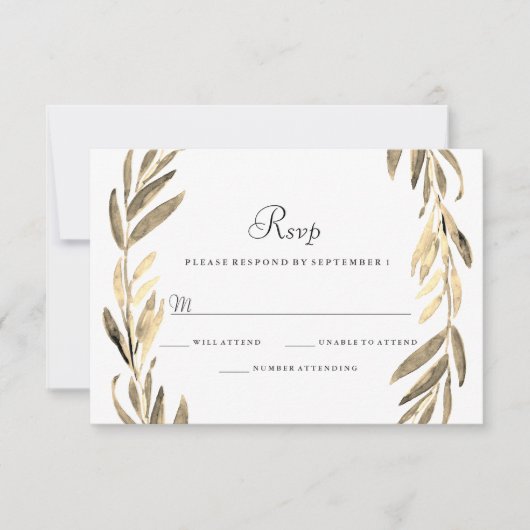Modern Golden Leaf Wreath Wedding RSVP Kaartje (Voorkant)