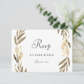 Modern Golden Leaf Wreath Wedding RSVP Kaartje (Staand voorkant)