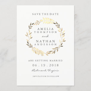 Modern Golden Leaf Wreath Wedding Save the Date