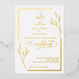 Modern Golden Leaflet Border Minimalist Monogram Folie Uitnodiging