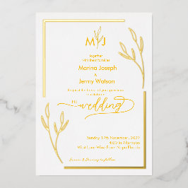 Modern Golden Leaflet Border Monogram Scripted  Folie Uitnodiging