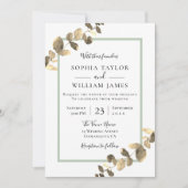 Modern Golden Leaves Greenery Border Wedding Kaart (Voorkant)