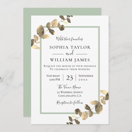Modern Golden Leaves Greenery Border Wedding Kaart (Voorkant / Achterkant)
