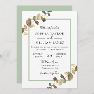Modern Golden Leaves Greenery Border Wedding Kaart