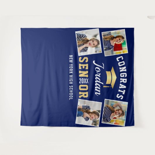 Modern Golden Navy Afstuderen Foto Booth Backdrop Wandkleed (Voorkant (horizontaal))
