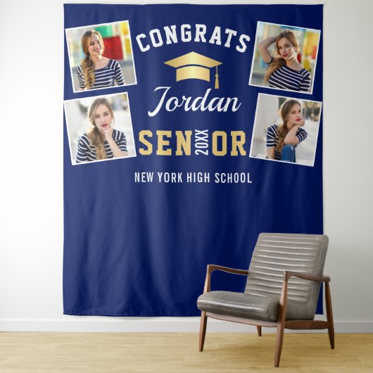 Modern Golden Navy Afstuderen Foto Booth Backdrop Wandkleed (In situ)