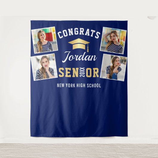 Modern Golden Navy Afstuderen Foto Booth Backdrop Wandkleed (Voorkant)