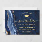 Modern Golden Navy Blue Marble Afstuderen QR code Save The Date (Voorkant)