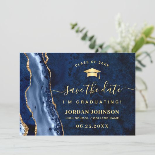 Modern Golden Navy Blue Marble Afstuderen QR code Save The Date (Staand voorkant)