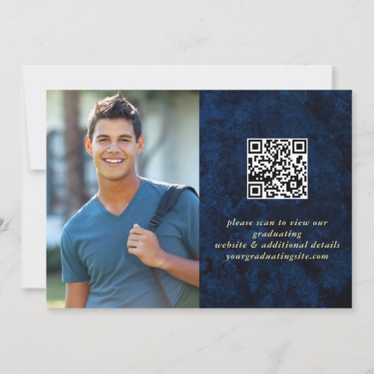 Modern Golden Navy Blue Marble Afstuderen QR code Save The Date (Achterkant)