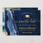 Modern Golden Navy Blue Marble Afstuderen QR code Save The Date (Voorkant / Achterkant)