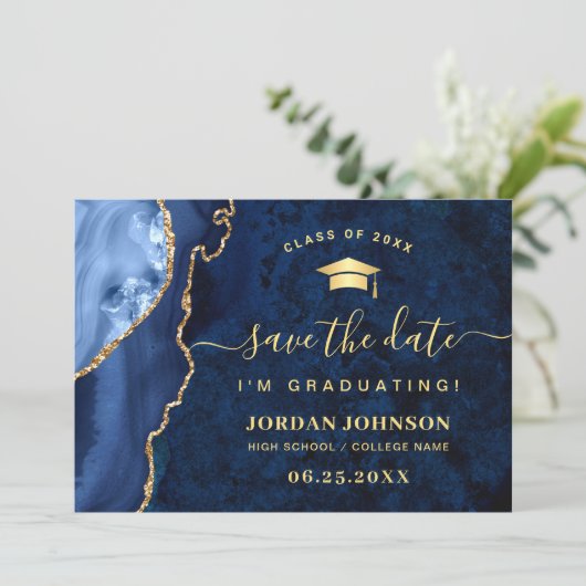 Modern Golden Navy Blue Marble Afstuderen QR Save The Date (Staand voorkant)
