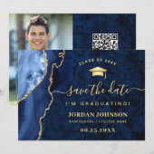 Modern Golden Navy Blue Marble Afstuderen QR Save The Date (Voorkant / Achterkant)