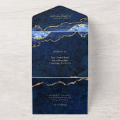 Modern Golden Navy Blue Marble Agate Wedding All In One Uitnodiging (Buitenkant)