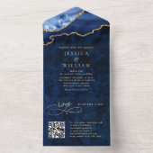 Modern Golden Navy Blue Marble Agate Wedding All In One Uitnodiging (Binnen)