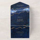 Modern Golden Navy Blue Marble Agate Wedding All In One Uitnodiging (Buitenkant)