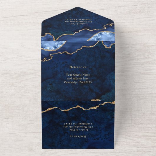 Modern Golden Navy Blue Marble Agate Wedding All In One Uitnodiging (Buitenkant)