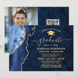 Modern Golden Navy Blue Marble Graduation Party Kaart