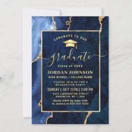 Modern Golden Navy Blue Marble Graduation Party Kaart