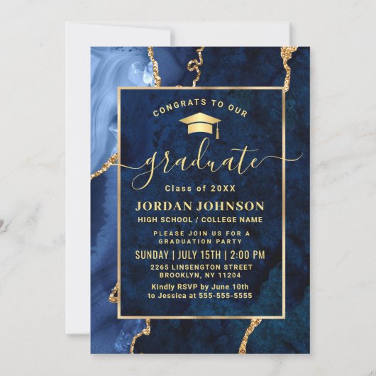 Modern Golden Navy Blue Marble Graduation Party Kaart (Voorkant)