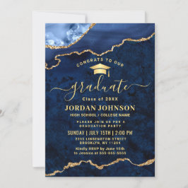 Modern Golden Navy Blue Marble Graduation Party Kaart