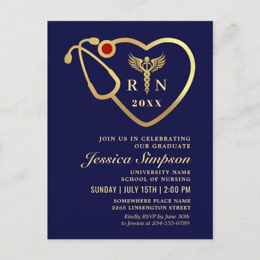 Modern Golden Navy Nursing Afstuderen Invitation Briefkaart (Voorkant)